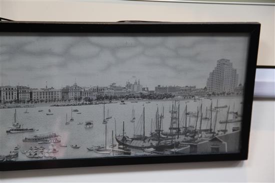 A Chinese machine embroidered silk picture of the river front of Shanghai, 1930s, 18.5 x 84cm., framed and glazed